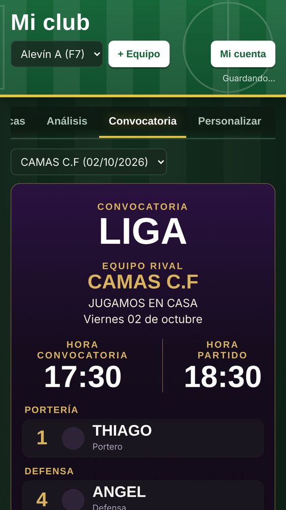 Convocatoria con rival, hora, campo y convocados