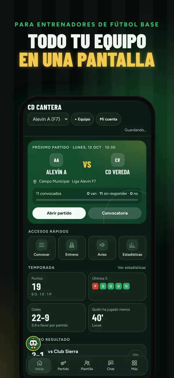 Plantilla del equipo en la app